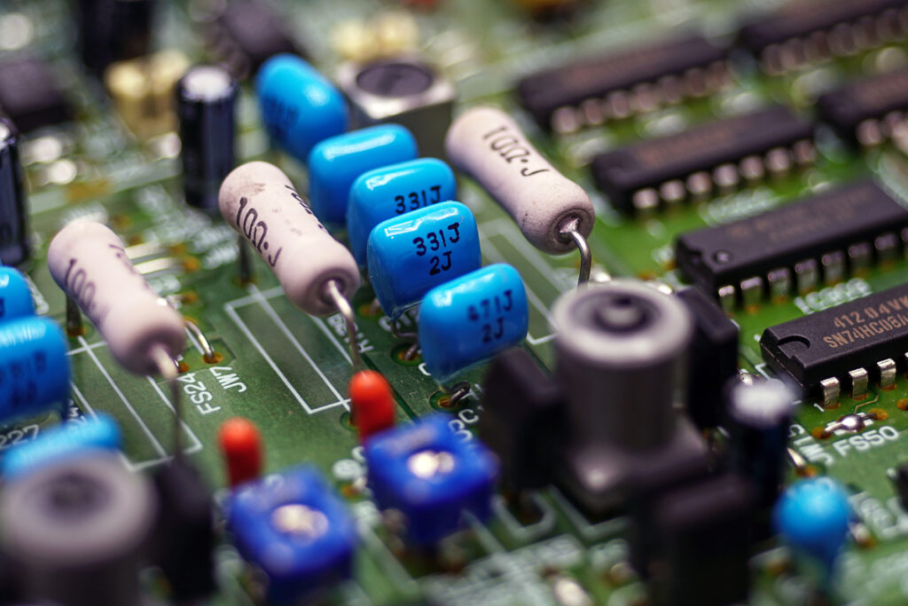 Close-Up Resistors and electronics on board electrical circuits.