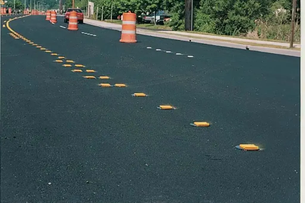 Yellow reflective raised pavement markers on a freshly paved road, with traffic safety barrels